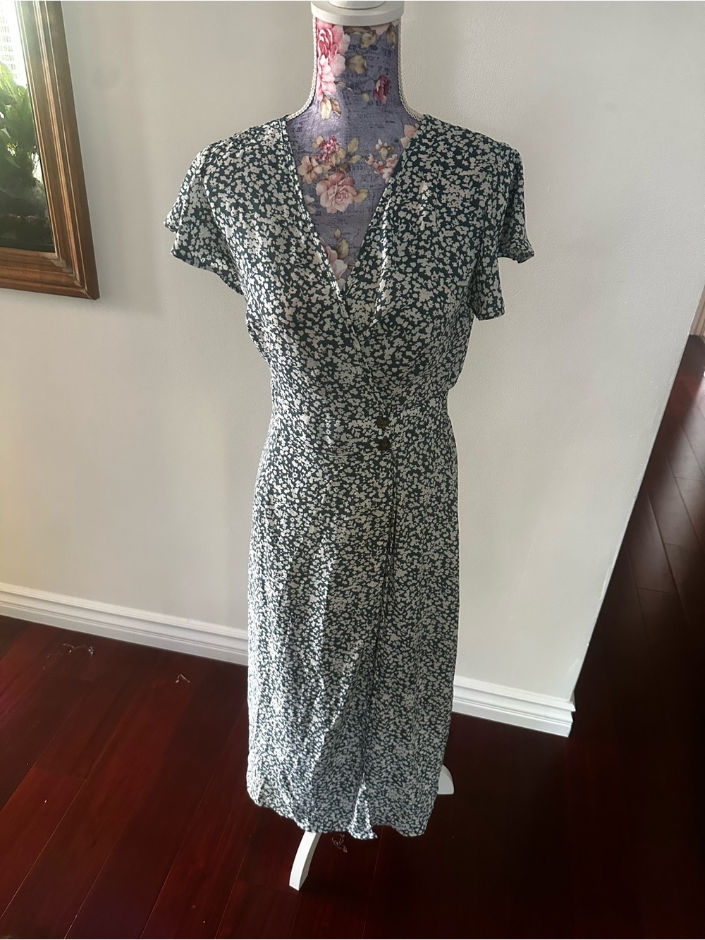Floral Wrap Midi Dress in Dark Green and White